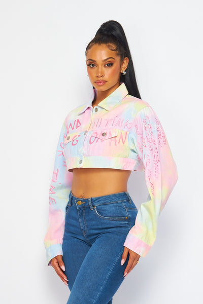 All Talk Tie Dye Cropped Denim Jacket with Letters