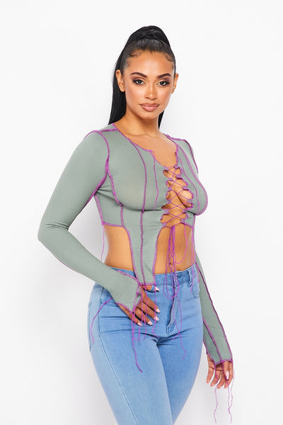 Don't Call Me Lace Up Long Sleeve Rib Crop Top