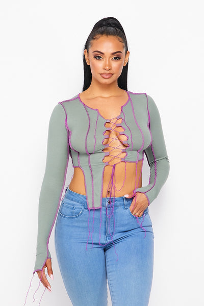 Don't Call Me Lace Up Long Sleeve Rib Crop Top