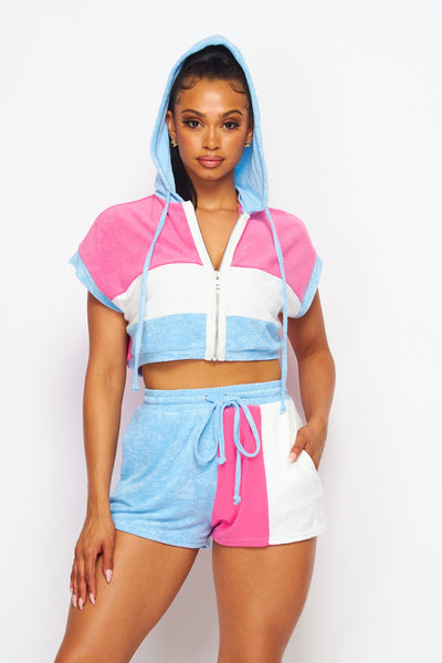See Ya Terry Cloth Color block Two Piece Short Set