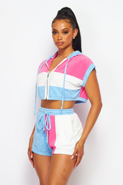 See Ya Terry Cloth Color block Two Piece Short Set