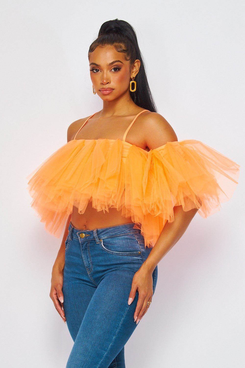 Just Mercy Puffy Tulle Cold Shoulder Cami Crop Top