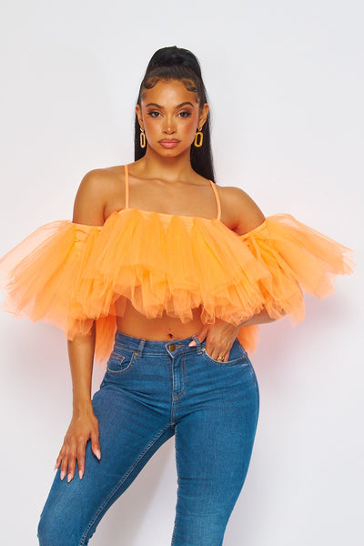 Just Mercy Puffy Tulle Cold Shoulder Cami Crop Top