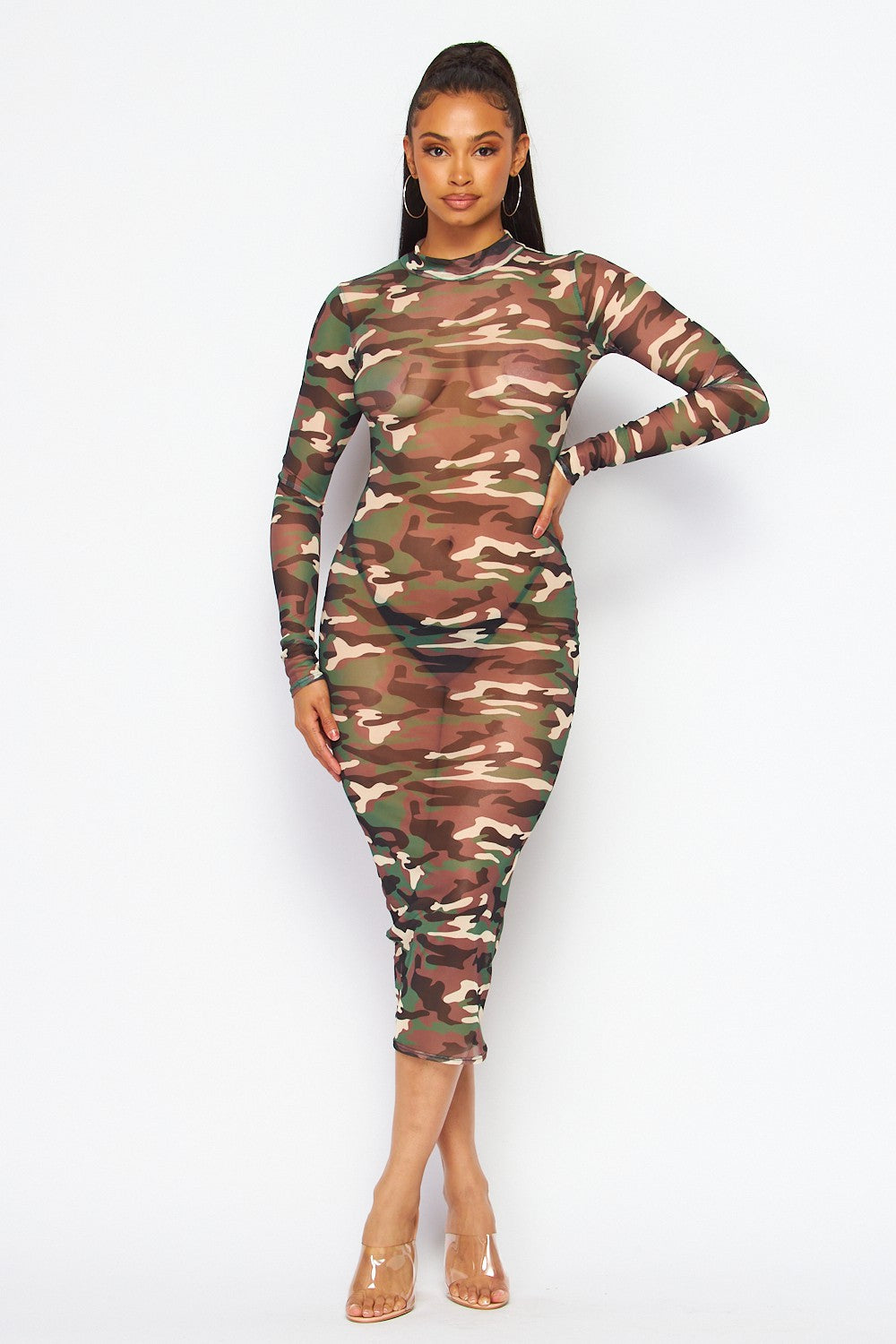 Legion Camo Army Print Sheer Mesh Midi Dress
