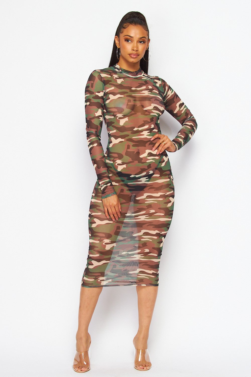 Legion Camo Army Print Sheer Mesh Midi Dress