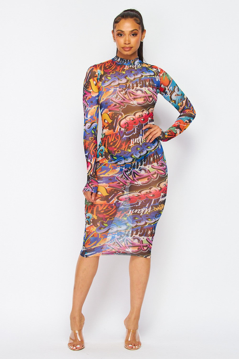 Fallon Letter Print Sheer Mesh Midi Cover Up Dress