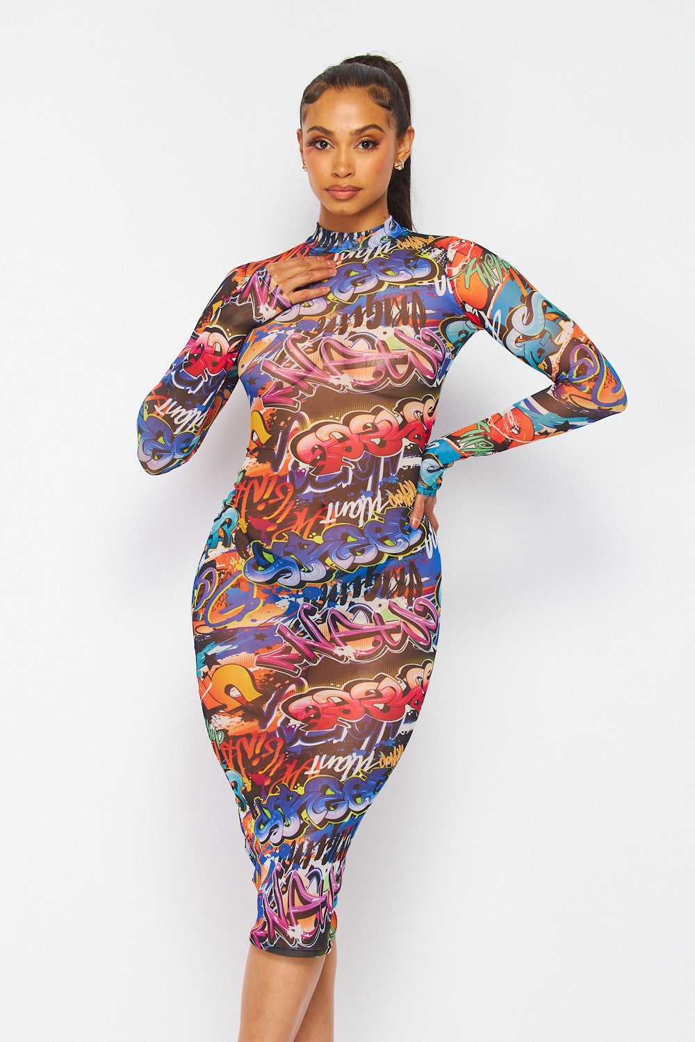 Fallon Letter Print Sheer Mesh Midi Cover Up Dress