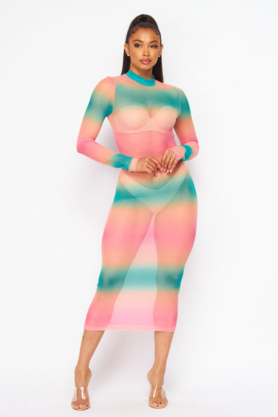 Cassidy Rainbow Sheer Mesh Midi Cover Up Dress