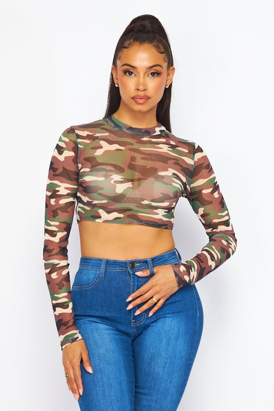 On A Mission Army Camo Print Sheer Mesh Crop Top