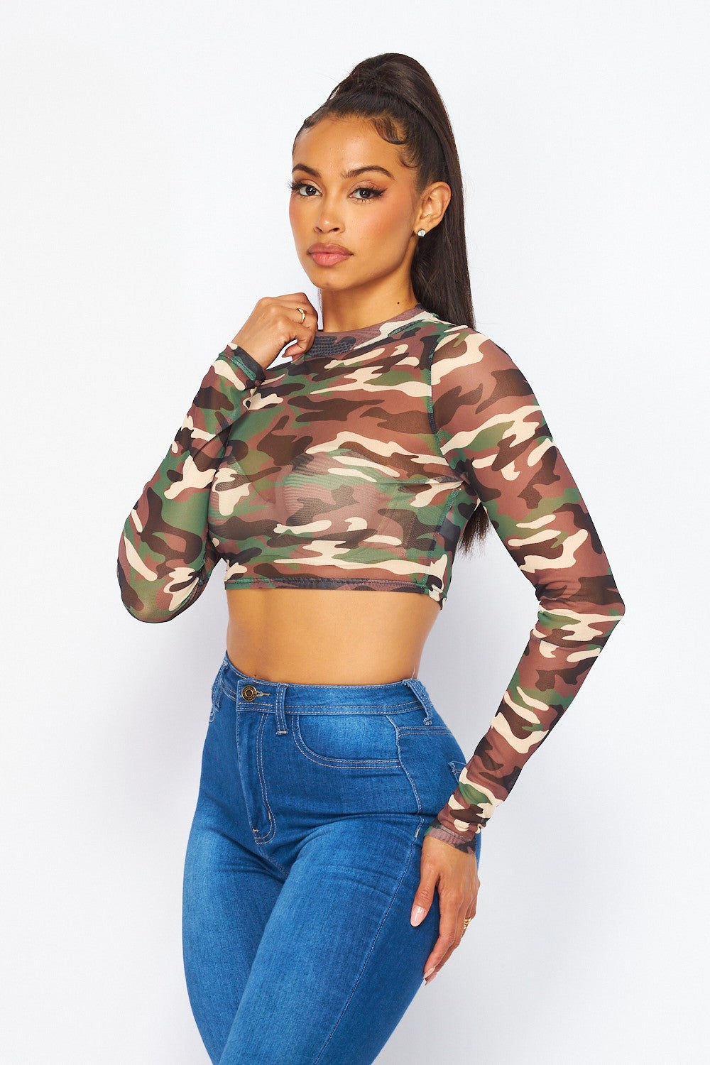 On A Mission Army Camo Print Sheer Mesh Crop Top