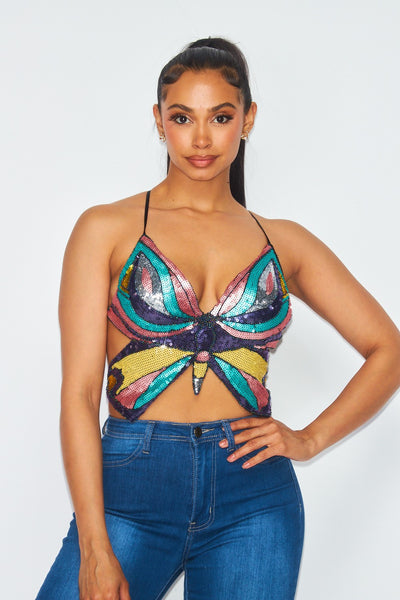 Meant To Be Butterfly Sequin Halter Crop Top